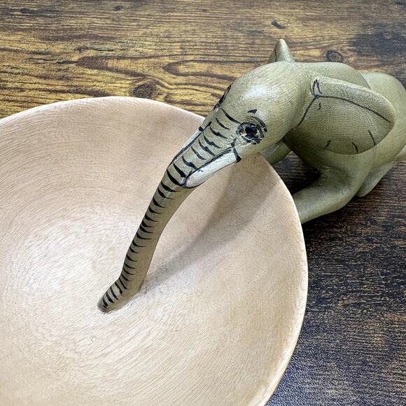 Hand Carved Elephant Drinking Trinket Dish Bowl Jacaranda Wood Sculpture Decor - Picture 5 of 11